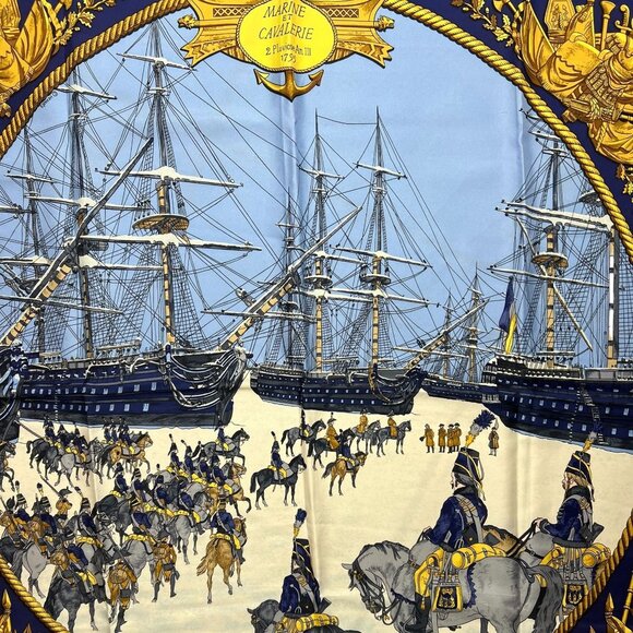 HERMES “MARINE ET CAVALERIE" 35” x 35” / 90 Multicolor Silk 100% Scarf #1368 - Picture 2 of 5